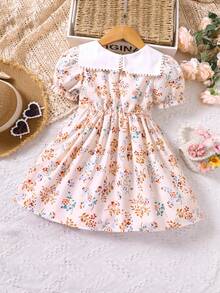 Toddler Girls Floral Print Statement Collar Puff Sleeve Dress - Apricot - View 2