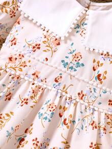 Toddler Girls Floral Print Statement Collar Puff Sleeve Dress - Apricot - View 6