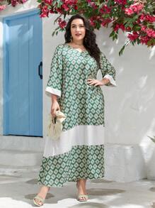 Al Najma Plus Geo Print Contrast Binding Dress - Multicolor - View 1