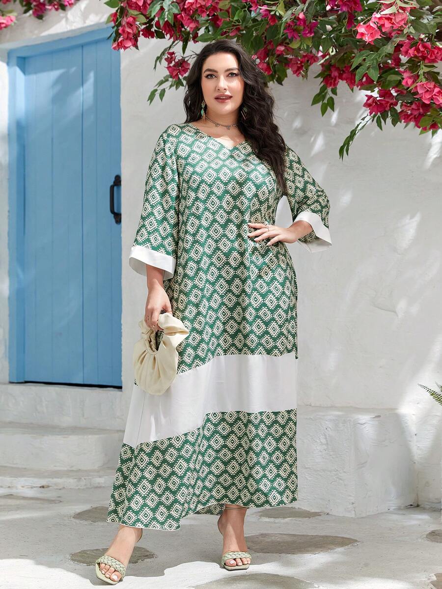 Al Najma Plus Geo Print Contrast Binding Dress - Multicolor - View 1