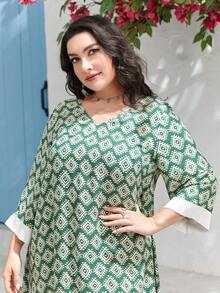 Al Najma Plus Geo Print Contrast Binding Dress - Multicolor - View 3