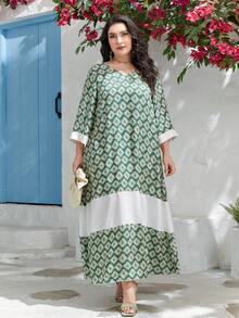 Al Najma Plus Geo Print Contrast Binding Dress - Multicolor - View 4