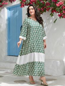 Al Najma Plus Geo Print Contrast Binding Dress - Multicolor - View 5