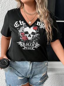 SHEIN LUNE 大碼骷髏頭和字母圖案V領T恤 - 黑色 - 查看 3