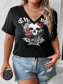 SHEIN LUNE 大碼骷髏頭和字母圖案V領T恤 - 黑色 - 查看 4