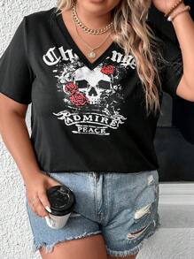 SHEIN LUNE 大碼骷髏頭和字母圖案V領T恤 - 黑色 - 查看 7