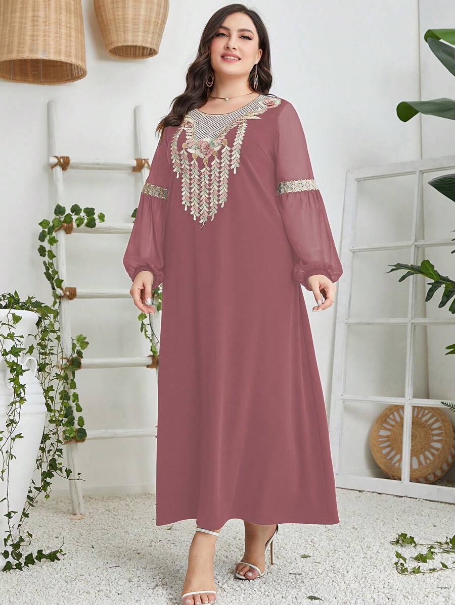 Al Najma 大碼花卉刺繡燈籠袖連衣裙 - 藕粉色 - 查看 1