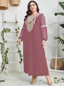 Al Najma 大碼花卉刺繡燈籠袖連衣裙 - 藕粉色 - 查看 4