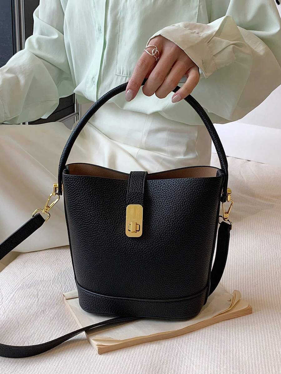 Minimalist Bucket Bag Mini Twist Lock Top Handle - Black - View 1