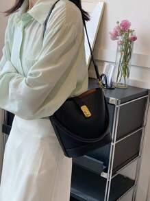 Minimalist Bucket Bag Mini Twist Lock Top Handle - Black - View 7