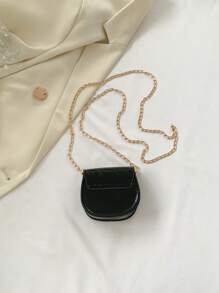 Mini Saddle Bag Crocodile Print Flap Chain PU - Black - View 2