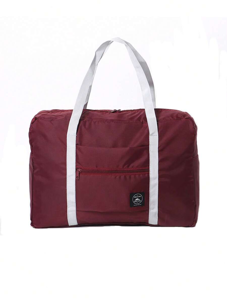 Letter Patch Decor Travel Bag Medium Portable - Burgundy - View 1