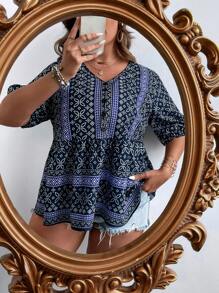 SHEIN LUNE Plus Geo Print Peplum Blouse - Navy Blue - View 3