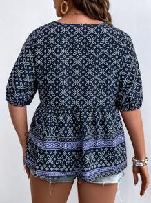 SHEIN LUNE Plus Geo Print Peplum Blouse - Navy Blue - View 2