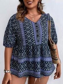 SHEIN LUNE Plus Geo Print Peplum Blouse - Navy Blue - View 4