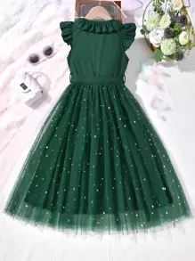 SHEIN Tween Girl Ruffle Trim Star Print Mesh Dress,Holiday,Summer,Travel Summer Holiday