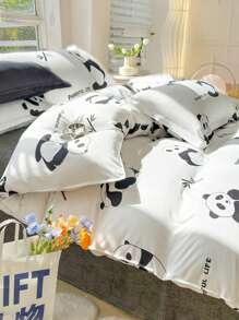 熊貓圖案被套套裝無填充物可愛布藝床上用品適用於臥室 - 彩色 - 查看 2