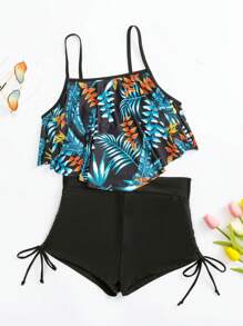 Tankini de verano de playa con estampado tropical y cordón lateral - Negro - Ver 4