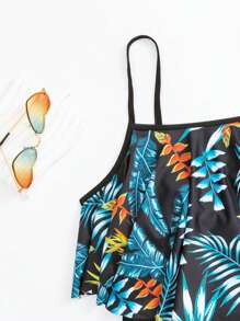 Tankini de verano de playa con estampado tropical y cordón lateral - Negro - Ver 5