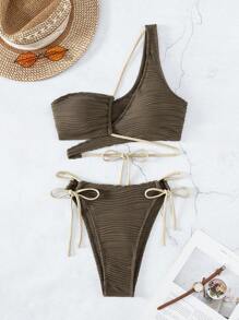 Swim SXY Bãi biển mùa hè Áo ngực một vai & Cà vạt bên dưới Bộ bikini Bộ đồ tắm - Cà phê nâu - Xem 3