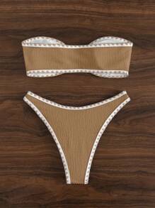 SHEIN Swim 包縫抹胸比基尼泳裝 - 卡其色 - 查看 2