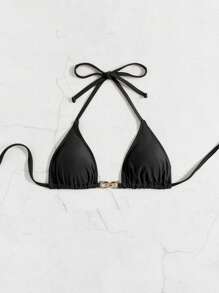 Chain Linked Halter Triangle Bikini Top - Black - View 4