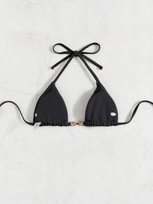 Chain Linked Halter Triangle Bikini Top - Black - View 5