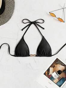 Chain Linked Halter Triangle Bikini Top - Black - View 6