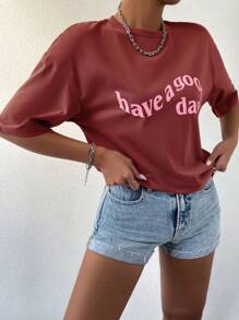 SHEIN LUNE 標語圖案落肩T恤 - 紅木色 - 查看 6