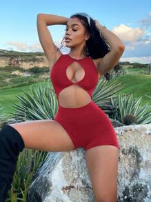 SHEIN SXY 前鏤空彈力緊身連體短褲 - 紅色 - 查看 5