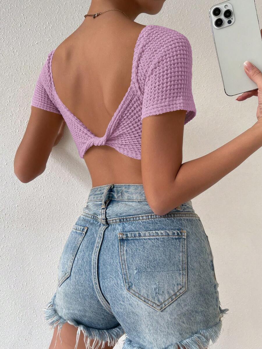 SHEIN Privé 扭結露背插肩袖短款上衣 - 淡紫色 - 查看 1