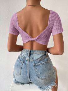 SHEIN Privé 扭結露背插肩袖短款上衣 - 淡紫色 - 查看 2