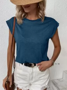 SHEIN LUNE Solid Batwing Sleeve Tee - Blue - View 3