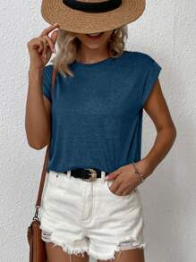 SHEIN LUNE Solid Batwing Sleeve Tee - Blue - View 6