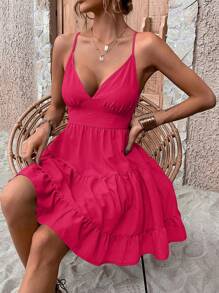 SHEIN Holidaya Vestido de tirantes unicolor bajo con fruncido - Rosa Fucsia - Ver 5