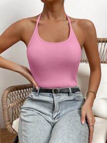 Chiquease Solid Halter Neck Backless Bodysuit - Pink - View 4