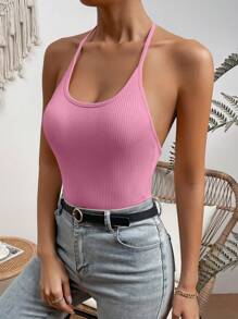 Chiquease Solid Halter Neck Backless Bodysuit - Pink - View 6