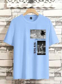 Manfinity Homme Men Building & Letter Graphic Tee - Blue - View 1