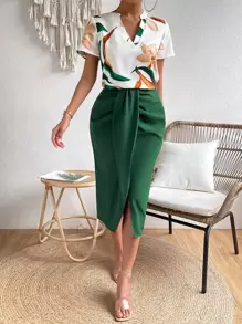 Chiquease 印花襯衫和褶邊高衩半身裙 - 綠色 - 查看 1