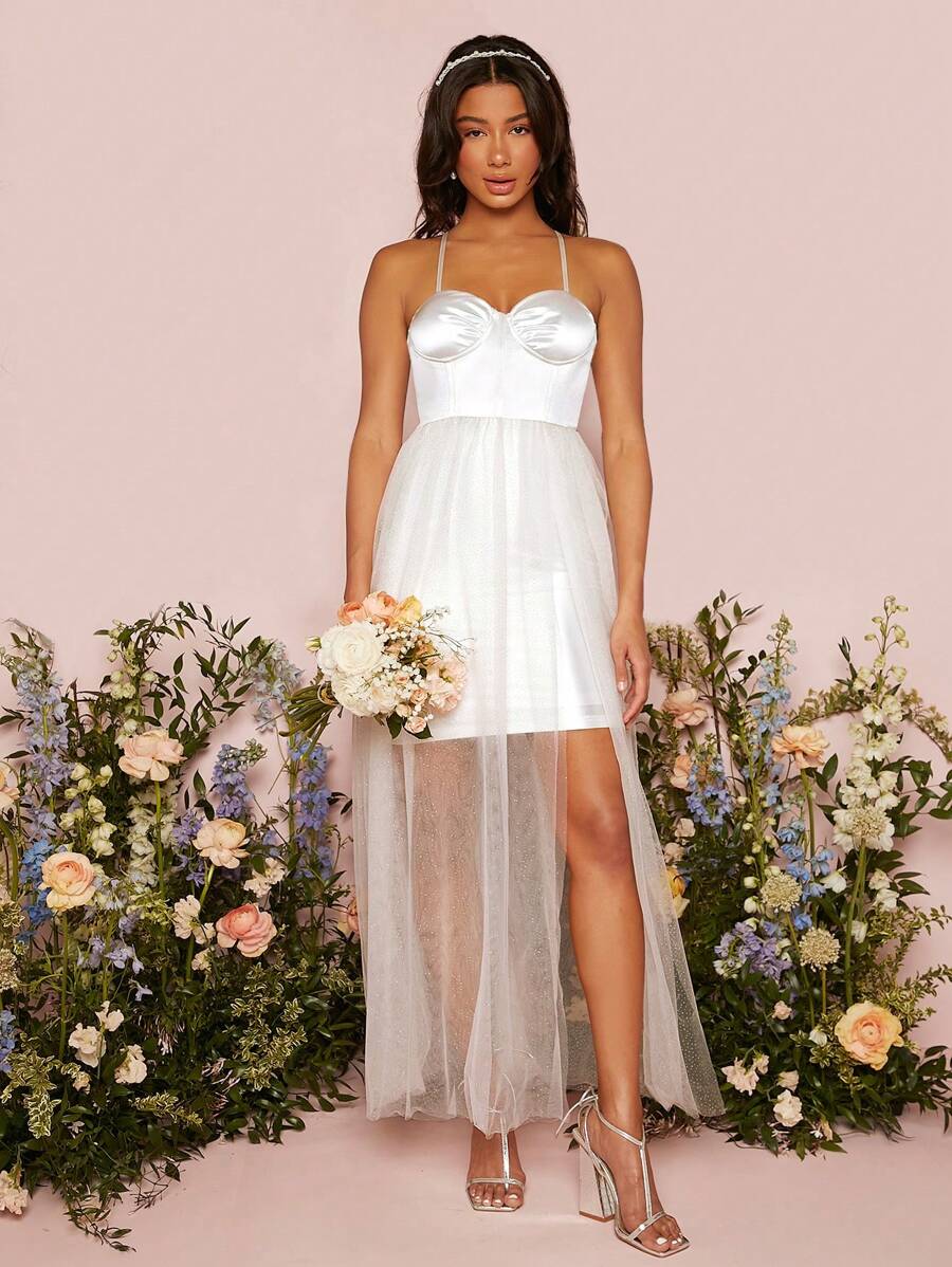 SHEIN Belle 網紗拼接高衩緊身上衣吊帶婚紗連衣裙 - 白色 - 查看 1