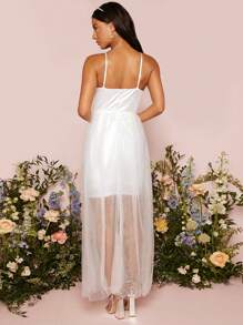 SHEIN Belle 網紗拼接高衩緊身上衣吊帶婚紗連衣裙 - 白色 - 查看 2