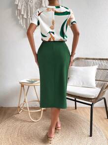 Chiquease 印花襯衫和褶邊高衩半身裙 - 綠色 - 查看 2