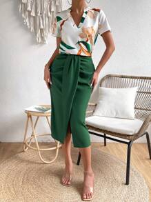 Chiquease 印花襯衫和褶邊高衩半身裙 - 綠色 - 查看 6