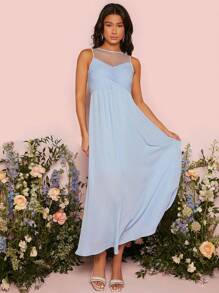 SHEIN Belle Mesh Insert Pleated Detail Bridesmaid Dress - Baby Blue - View 1