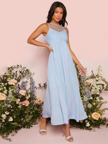 SHEIN Belle Mesh Insert Pleated Detail Bridesmaid Dress - Baby Blue - View 5