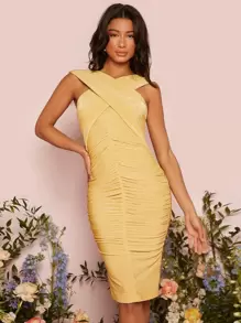 SHEIN Belle Chất rắn Xù Váy bodycon - Màu vàng - Xem 1