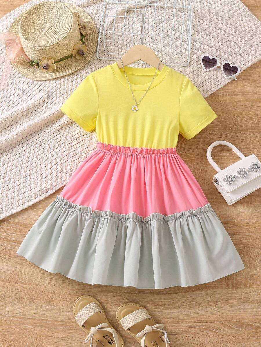 SHEIN 小女童撞色褶邊連衣裙 - 彩色 - 查看 1