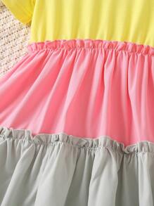SHEIN 小女童撞色褶邊連衣裙 - 彩色 - 查看 6