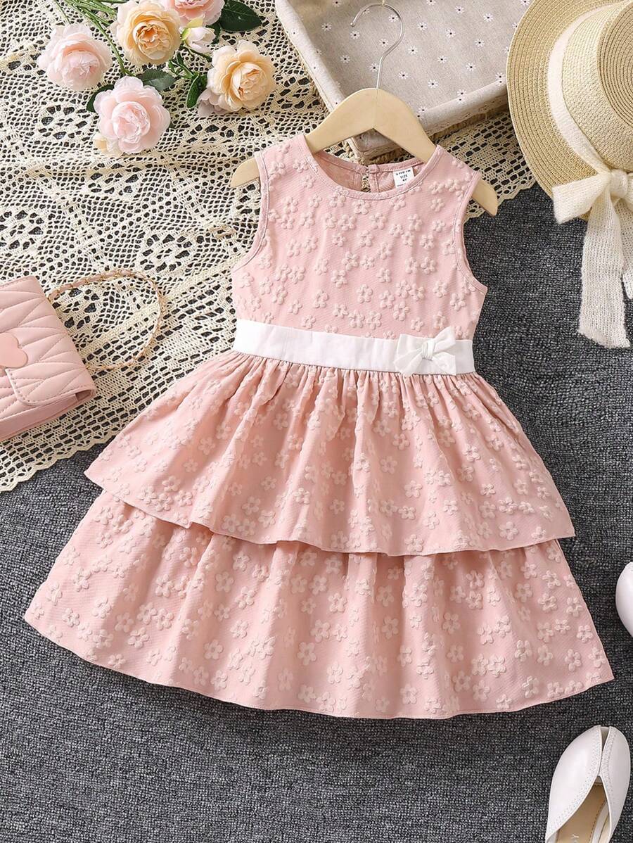 SHEIN 小女童提花二層下擺連衣裙 - 粉色 - 查看 1