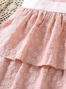 SHEIN 小女童提花二層下擺連衣裙 - 粉色 - 查看 3